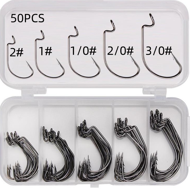 Fishing Hook Box - เบ็ดตกปลาเหล็กกล้าคาร์บอนสูง 50 ชิ้น/กล่อง แบบออฟเซ็ต ปากกว้าง มีเงี่ยง